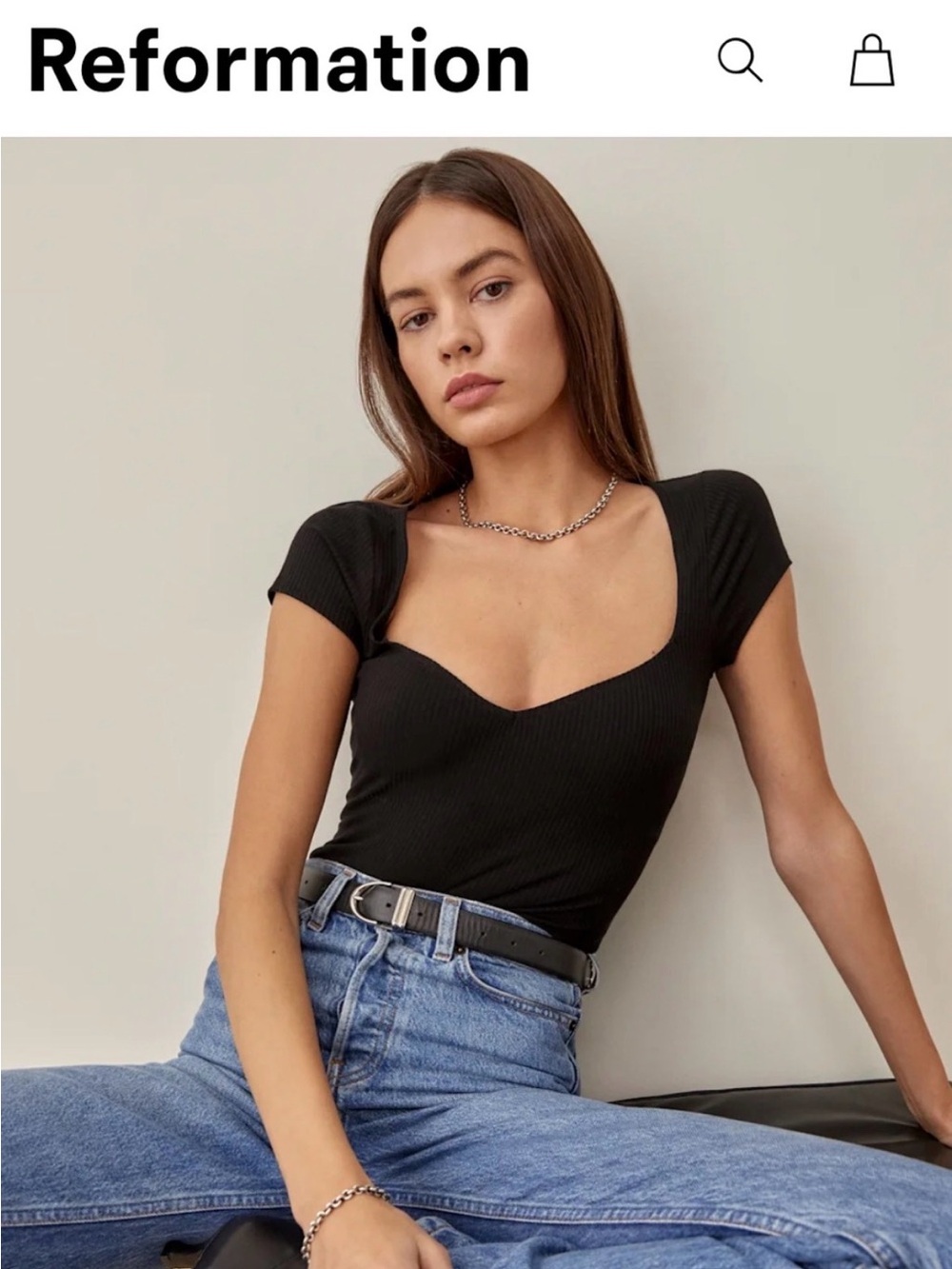 Reformation Black Ribbed Sweetheart Short Sleeve Top